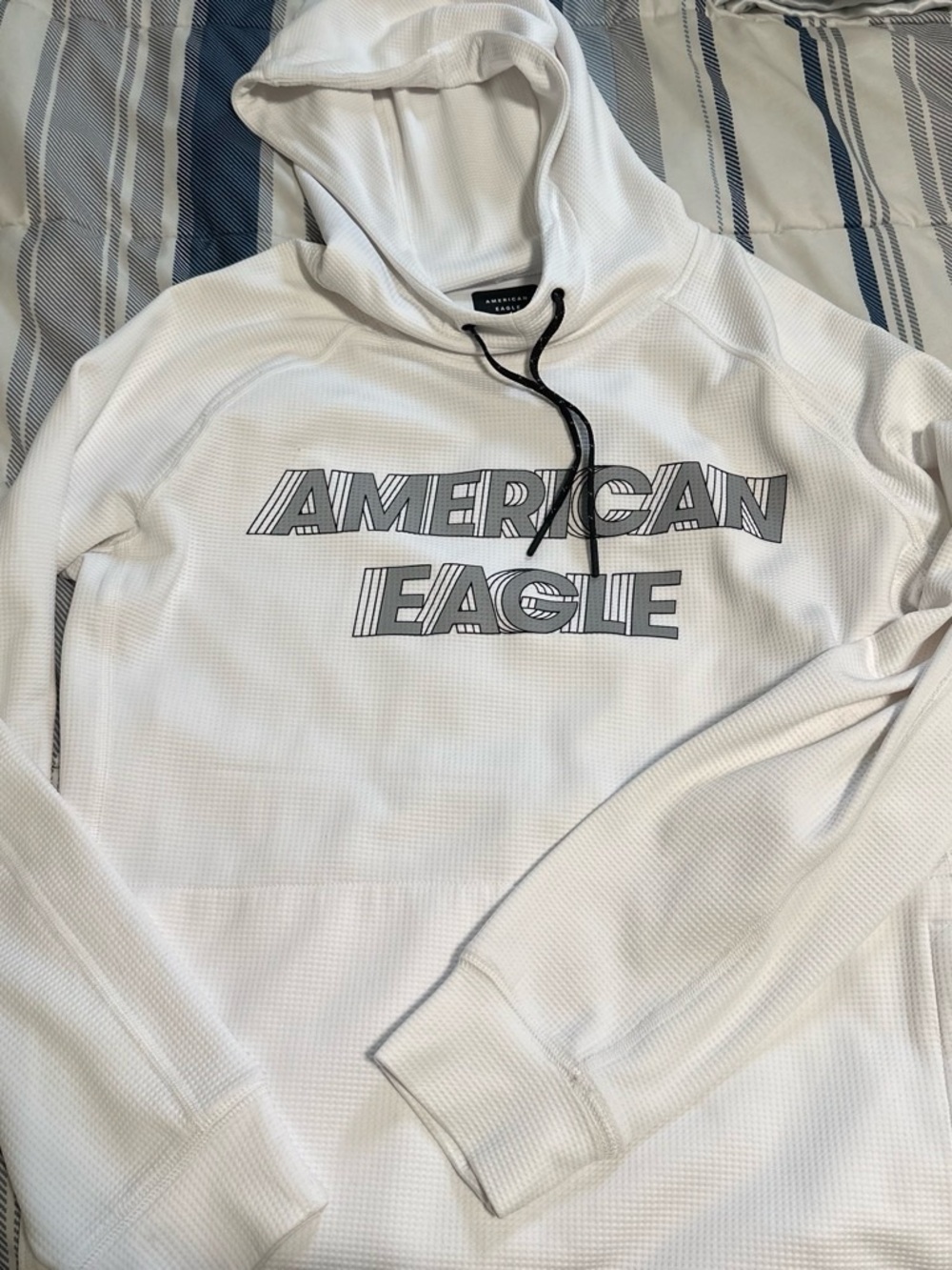 American Eagle Outfitters White Logo Hooded Waffle Pullover